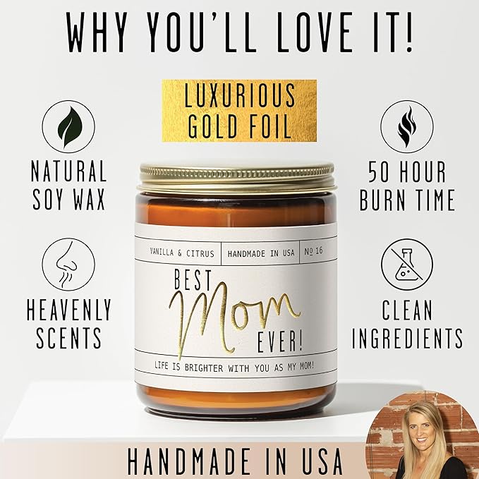 Mothers Day Gifts for Mom, Mom Gifts From Daughter or Son - 'Best Mom Ever' Soy Candle, w/Fig & Sandalwood I Mom Birthday Gifts from Son Ideas I 50Hr Burn, USA Made - Bloomnest