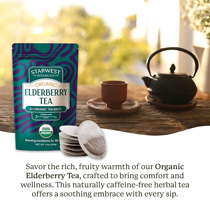Starwest Botanicals Organic Elderberry Tea - Caffeine Free Herbal Tea Blend, Immune System Support, String Free Sachets, USDA Organic Elderberries & Elder Flower, Non GMO - 20 Tea Bags - Bloomnest