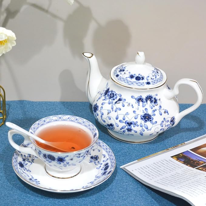 Bone China Tea Set, 21-Pieces Porcelain Tea Set for Adults, Tea Cups And Saucers for 6, with Teapot, Spoons, Sugar Bowl, Creamer Pitcher, Vintage Tea Set for Women Tea Party (Blue) - Bloomnest
