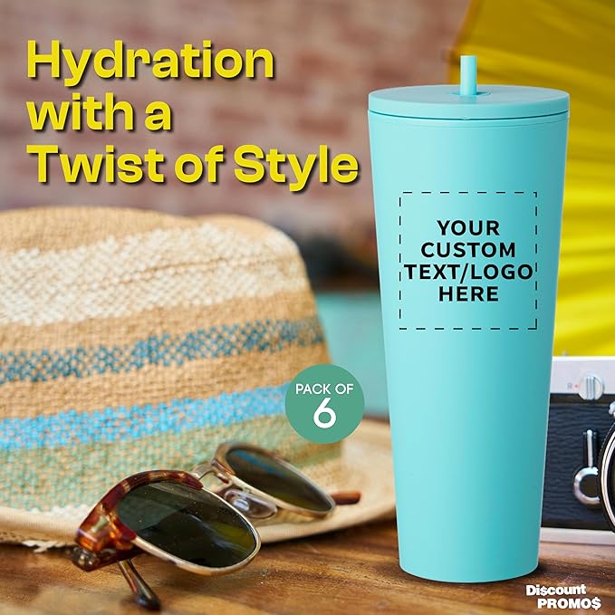 DISCOUNT PROMOS Custom Kenai Plastic Tumblers with Straw 24 oz., Set of 6, Personalized Bulk Pack - Ideal for Busy Professionals, With lids, Ice Coffee Tumbler, To Go Cup, Insulated - Mint - Bloomnest