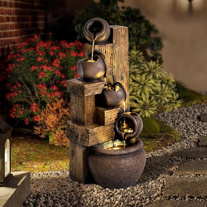 Grepatio 39.3" Tall Outdoor Water Fountain Garden Waterfalls Fountain with LED Lights 5 Tier Modern Indoor/Outdoor Floor Standing Water Fountain with Pump for Garden, Patio, House Decor (Brown) - Bloomnest
