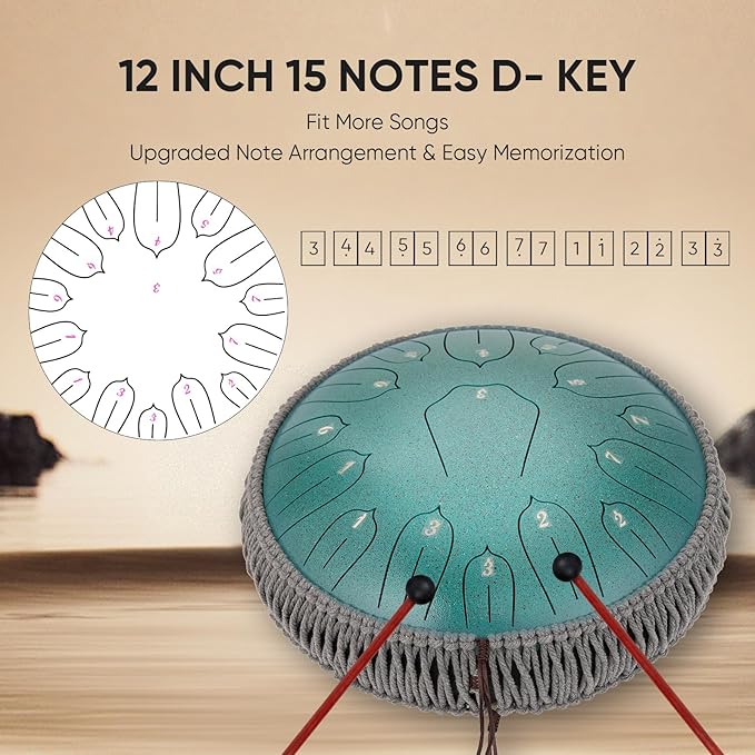 Steel Tongue Drum 12 Inch 15 Notes: Handpan Drums Set with Music Book Mallets Carry Bag - Hand Pan Instrument for Adults Musical Education Meditation Yoga Chakra (Green)