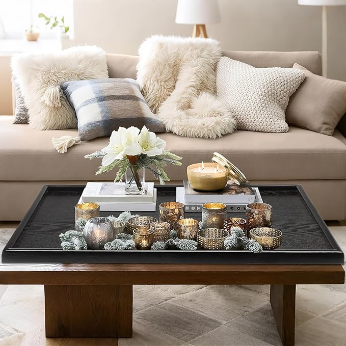 40 x 24 Inches Extra Large Solid Wood Serving Tray for Tea Coffee Table Snack Food Meals Serving Plate Kitchen Party Bar Breakfast Server with Raised Edges Black Wooden Decorative Ottoman Tray - Bloomnest