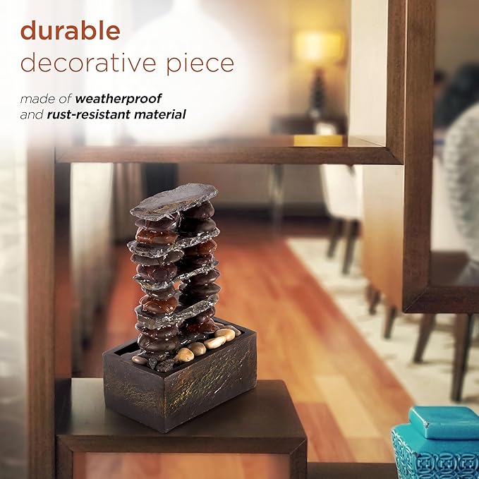 Alpine Corporation TT8002 Indoor/Outdoor Tabletop Stacked Rocks Eternity Fountain, Modern Rocks Tabletop Fountain 12", Brown - Bloomnest