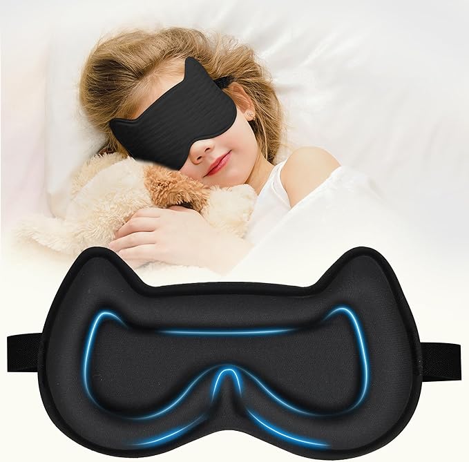 Kids Sleep Mask Eye Mask: 3D Contoured Cup Sleeping Masks, Blindfold with Adjustable Strap, Kids Eye Cover for Boys, Girls, Teens, Pressure-Free with Memory Foam Face Mask for Sleeping (Black) - Bloomnest