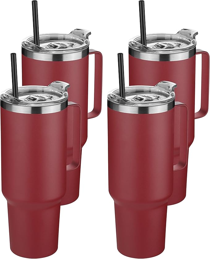 HASLE OUTFITTERS 40 oz Stainless Steel Tumbler with Handle, Vacuum Insulated Tumblers Bulk, Reusable Double Wall Travel Coffee Mug, Durable Powder Coated Water Bottles(Wine Red, 4) - Bloomnest