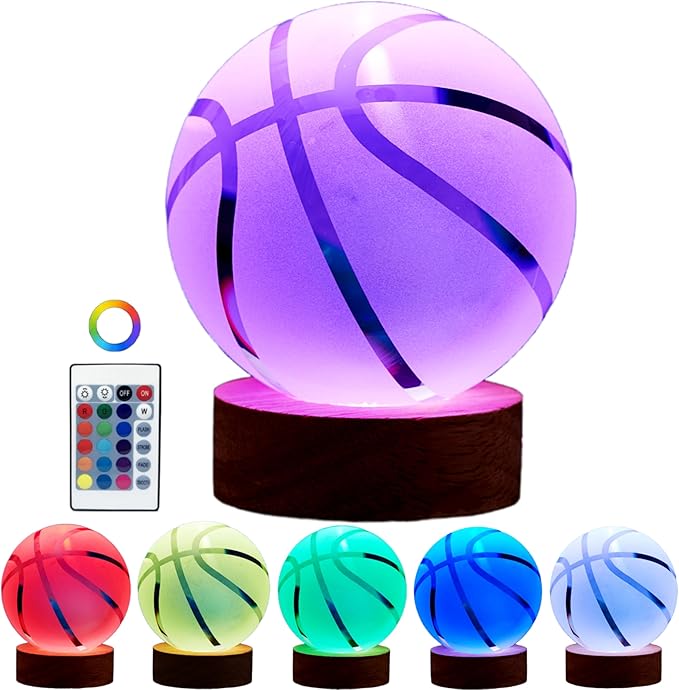 Basketball Crystal Ball Lamp,3.15 inch 3D K9 Crystal Ball Night Light with Wooden Base,Basketball Lamp Light, Gifts for Boys,16 Colors Change with Remote Control (K) - Bloomnest