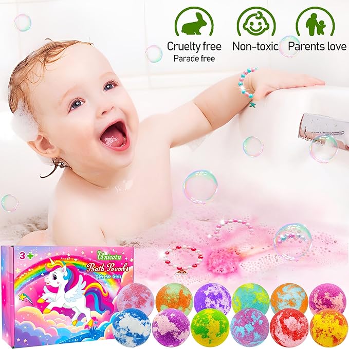 Unicorn Bath Bombs for Girls Kids with Toys Surprise Jewelry Inside Gift for Girls 3 4 5 6 7 8 Years Old Birthday Gifts Ideas Easter Gifts for Girls Easter Basket Stuffers Egg Fillers Christmas Gifts - Bloomnest
