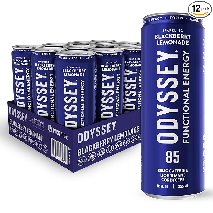 Odyssey Functional Energy Drink for Focus, Cognition & Mood Support 12 Pack - Adaptogenic Drink with 85mg Green Tea Caffeine, Lions Mane, Cordyceps, L-Theanine & Ginseng, Sparkling Blackberry Lemonade - Bloomnest