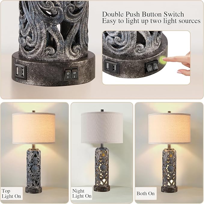 RORIANO 25'' Set of 2 Rustic Table Lamp for Bedroom Living Room with 2 USB Ports, Farmhouse Vintage Resin Nightstand Lamp with Nightlight, Antique Retro Desk Lamp for Entryway, 2 Bulbs Included - Bloomnest