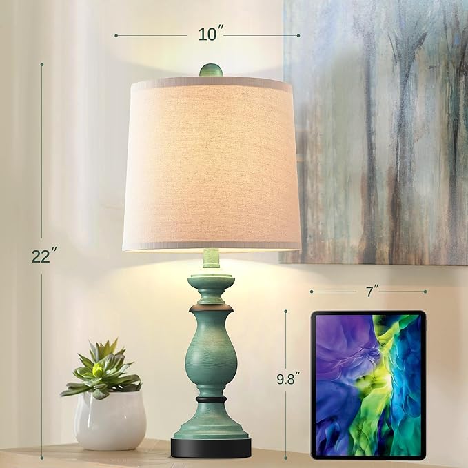 PARTPHONER Traditional Table Lamp Set of 2, Rustic Farmhouse Table Lamps for Living Room Bedroom, 22" Bedside Desk Lamps Vintage Nightstand Lamps with Linen Shades, Green - Bloomnest