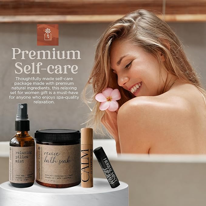 SOULISTIC ROOT Self-Care Set - Luxury Spa Bath Kit, Pillow Mist, Cooling Lip Balm, Tranquil Essential Oil Roller & Epsom Salt Bath Soak Pampering Package, Valentine's Day Holistic Gifts for Him & Her - Bloomnest