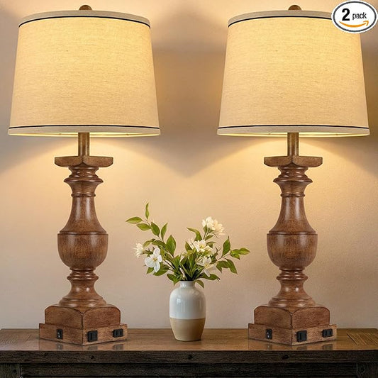 WIHTU Wood Grain Color Table Lamps, 28'' Resin Desk Lamp for Bedroom, Nightstand Lamps Set of 2, Farmhouse Bedside Lamps with Linen Shades, Rocker Switch, Table Lamps with USB A+C Port, Bulb Included - Bloomnest