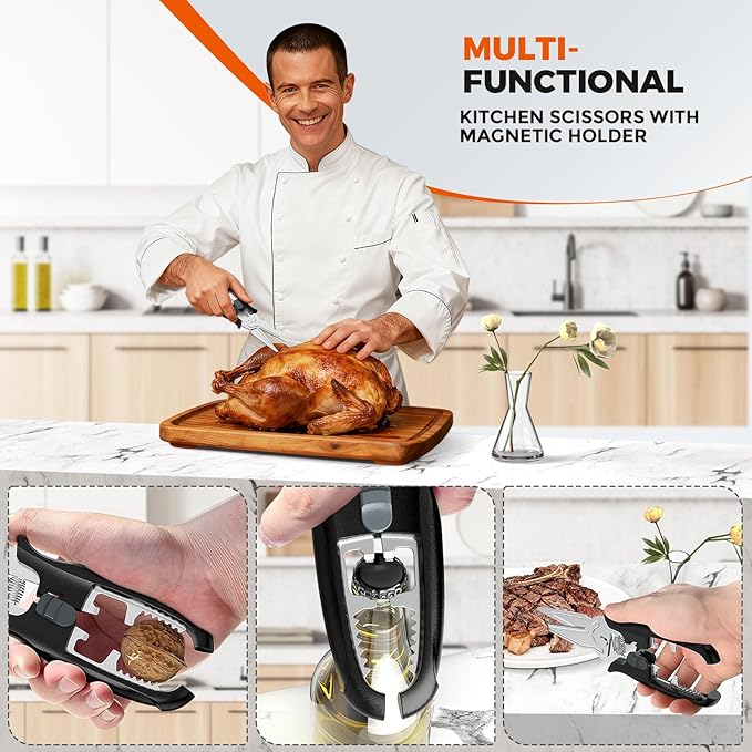 Multifunctional Kitchen Scissors - Kitchen Shears with Magnetic Holder & Safety Lock, Heavy Duty Poultry Shears, Stainless Steel for Chicken Meat Cutting Turkey, Vegetables - Bloomnest