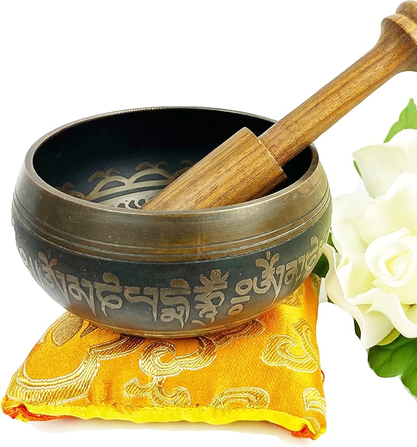 3392 SB Tibetan Auspicious Symbol Singing Bowl Set ~ Mallet Cushion Meditation Chakra Healing Prayer Yoga Mindfulness (SB-3392-E) - Bloomnest