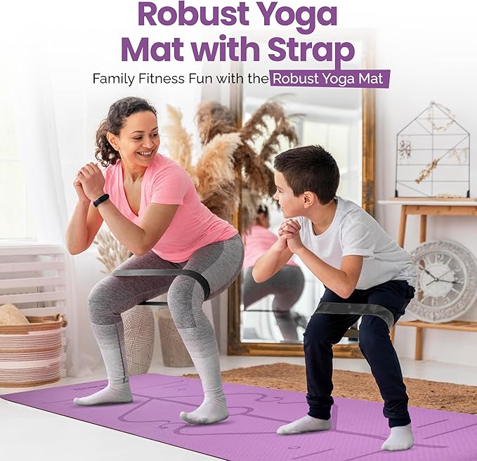 Robust Non-Slip Yoga Mat with Strap, 1/4" Thick TPE Eco-Friendly Workout Mat for Yoga with Position Lines and Texture Surface, Gym Mat for Women, Men, Pilates and Exercises Anti-Tear Sweat-Proof Exercise Mat - Bloomnest