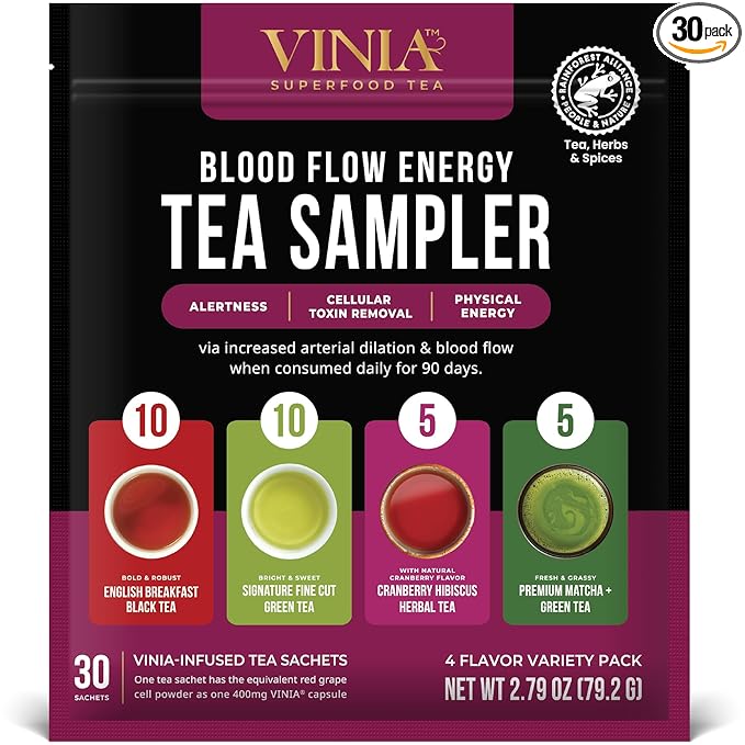 VINIA Tea Sampler, 4 Flavor Variety Pack. Made with Organic Teas, Infused with Piceid Resveratrol for Heart Health, Nitric Oxide, Physical Energy, Alertness, Blood Flow, Keto, Kosher, NON-GMO. 30 Ct - Bloomnest