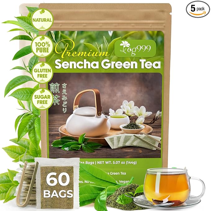 TOG999, Premium 60 Sencha Green Tea Bags, 100% Natural & Pure from Sencha Green Tea Leaves. Loose Leaf Sencha Herbal Tea. No Sugar, No Gluten, Vegan. - Bloomnest