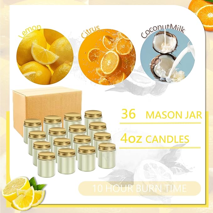 ACITHGL 36 Pcs 4oz Mini Mason Jar Candles Small Scented Candles Bulk Aromatherapy Ideal Souvenir Favors for Wedding Birthday Party (Lemon, Citrus, Coconut Milk, Gold) - Bloomnest