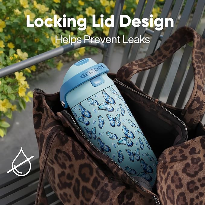 ENCOOL Leakproof Insulated Water Bottle with Straw Dual-Sip Water Bottle Bag-Safe Design for Work, Commute & Gym – Keeps Drinks Cold All Day, 32 oz, Glacier Butterfly ENCOOL