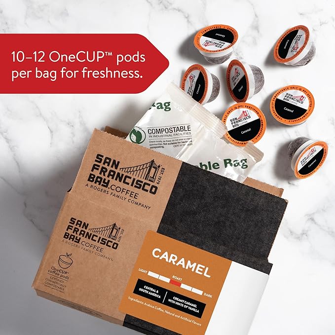San Francisco Bay Compostable Coffee Pods - Caramel (80 Ct) K Cup Compatible including Keurig 2.0, Flavored, Medium Roast - Bloomnest