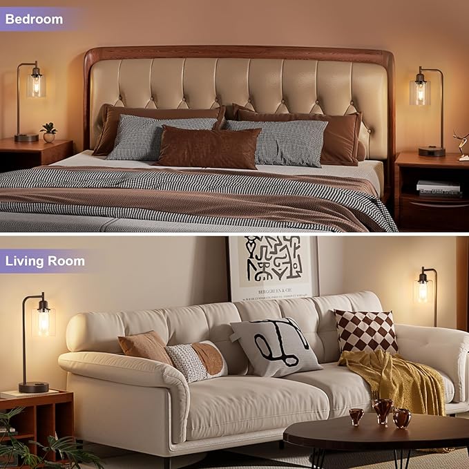 Innqoo Industrial Touch Table Lamps for Bedrooms Set of 2-3-Way Dimmable Lamps with USB C+A Ports and Outlet, Brown Bedside Lamps with Clear Glass Shade for Living Room, Desk Lamps for Home Office - Bloomnest