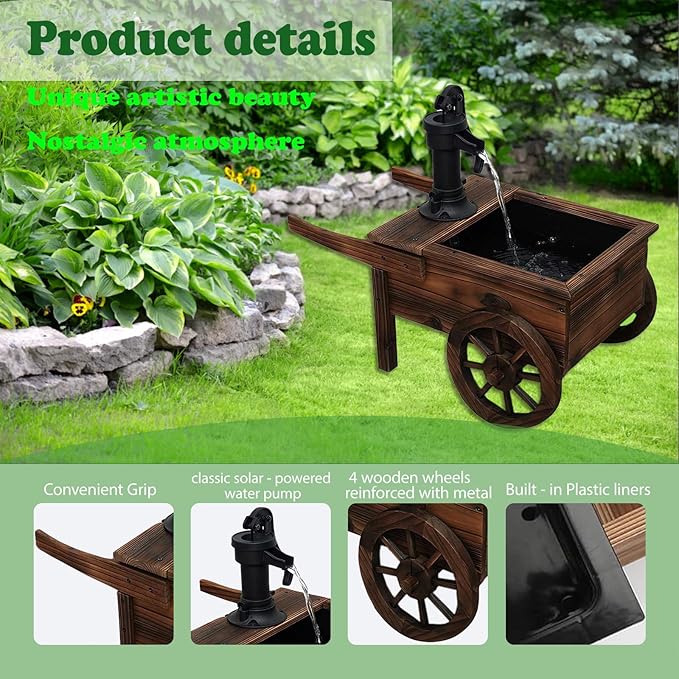 Carbonized Wood Outdoor Freestanding Fountain - Movable Vintage Hand Pump Cart, Plug-in Water Pump Electric Decorative Water Feature for Patio, Garden & Indoor Decoration - Bloomnest