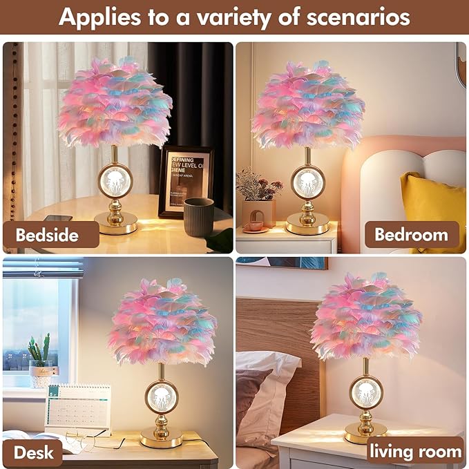 Colorful Feather Lamp Modern Crystal Table Lamp Fluffy Bedside Lamp Romantic Nightstand Light Cute Princess Desk Lamp for Teen Girl Wedding Deco Bedroom Living Room Entryway - Bloomnest