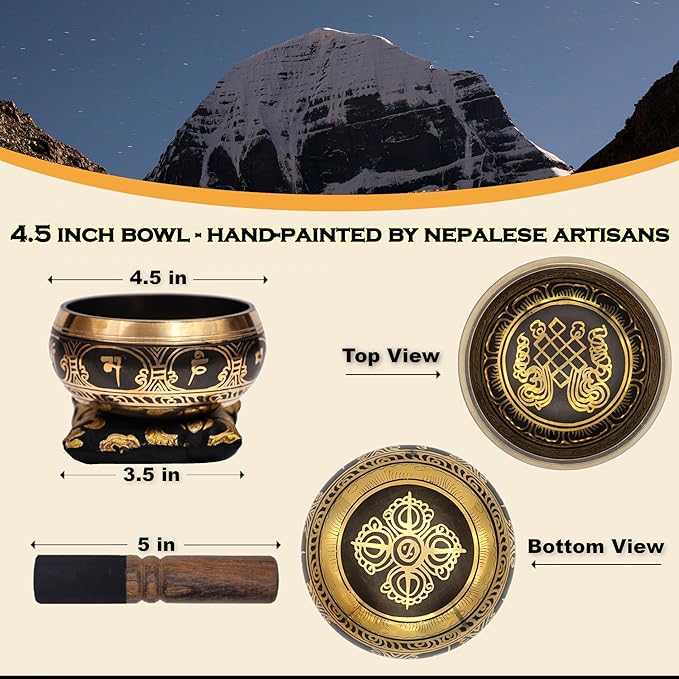 Tibetan Singing Bowl Set: 4.5 Inch Sound Healing Bowl Gift Set, Made in Nepal: For Meditation, Mindfulness, Reiki, Yoga, Chakra Balancing, Spiritual and Zen Decor, and Improved Focus and Relaxation