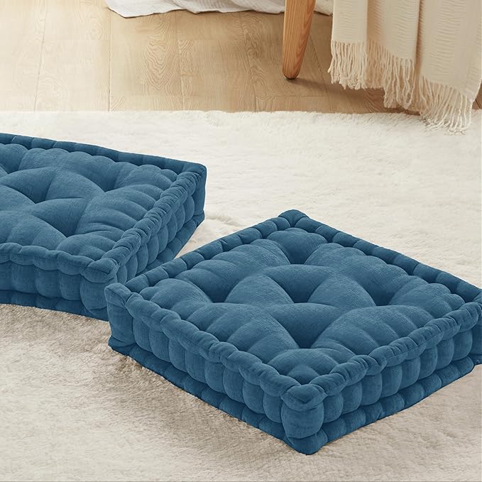 Codi INNA Floor Pillow Set of 2, Cute Cushions Sitting for Adults, Square Tufted Chenille Pillows Seat for Meditation, Living Room, Reading Nook, Navy 2 Pack