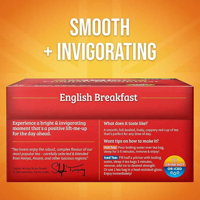 Twinings English Breakfast Black Tea Individually Wrapped Bags, 50 Count (Pack of 6), Flavourful, Robust, Caffeinated, Enjoy Hot or Iced, 300 Teabags - Bloomnest