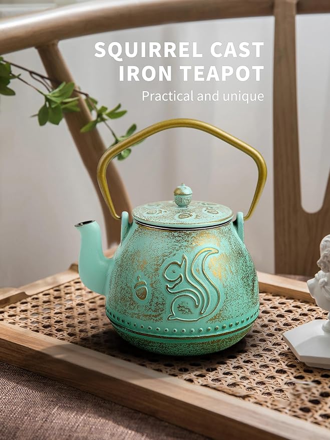 Toptier Teapot with Removable Infuser, Cast Iron Tea Kettle Stovetop Safe, Squirrel Design Tea Pot Coated with Enameled Interior for 32 Ounce (950 ml), Aqua - Bloomnest