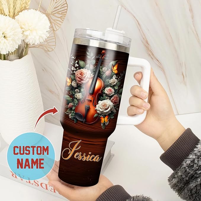 WAZONE Personalized Vintage Violin Tumbler 40oz with Handle and Straw Custom Name Let Your Faith Be Bigger Than Your Fear Stainless Steel Coffee Mug Novelty Gift For Violinist Girl Women Men - Bloomnest