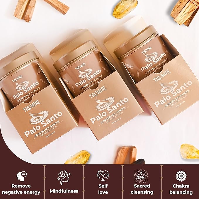 Palo Santo Candle for Home - Highly Scented with Citrine Crystals - Pack of 3 x 5oz Soy Wax Organic Non Toxic for Aromatherapy Relaxation Meditation - Room Decor for Men - Pet Safe Candel TRUMIRI