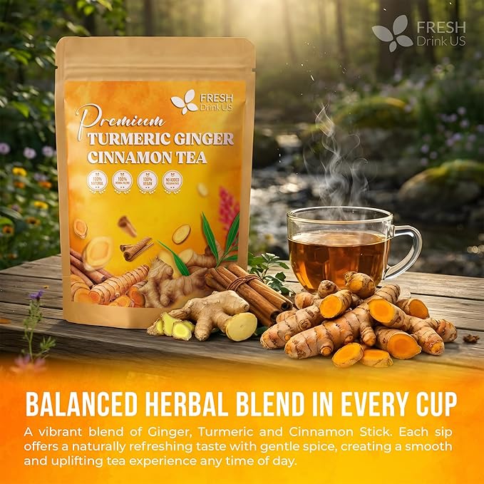 FreshDrinkUS, Premium Turmeric Ginger Cinnamon Tea Bags | 75 Tea Bags | Herbal Spice Tea Blend, Naturally Caffeine Free, Warm & Aromatic Flavor, 100% Natural Ingredients, Convenient Tea Bags - Bloomnest