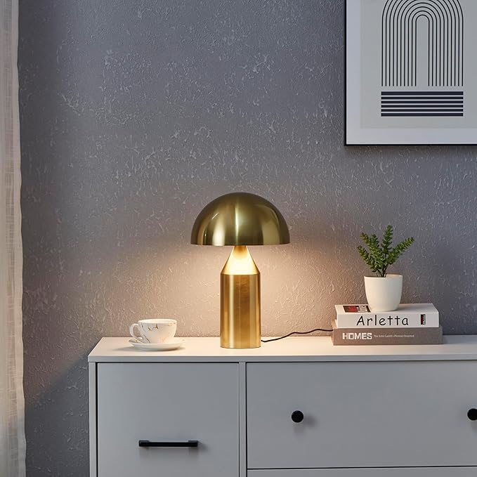 Brightech Venus Mushroom Table Lamp - Modern Lamp for Living Room, Bedroom Side/End Table - Dimmable, Unique Side Table LED Lamp Shade for Office, Reading - Brass/Gold, 14" Tall - Bloomnest