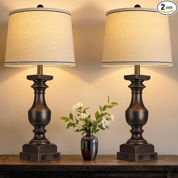 28'' Farmhouse Bedside Lamps Set of 2, Black Gold Table Lamps for Nightstand, Desk Lamps with Linen Shades, Table Lamps with USB A+C Port, Nightstand Lamps for Bedroom, Rocker Switch, Bulb Included - Bloomnest