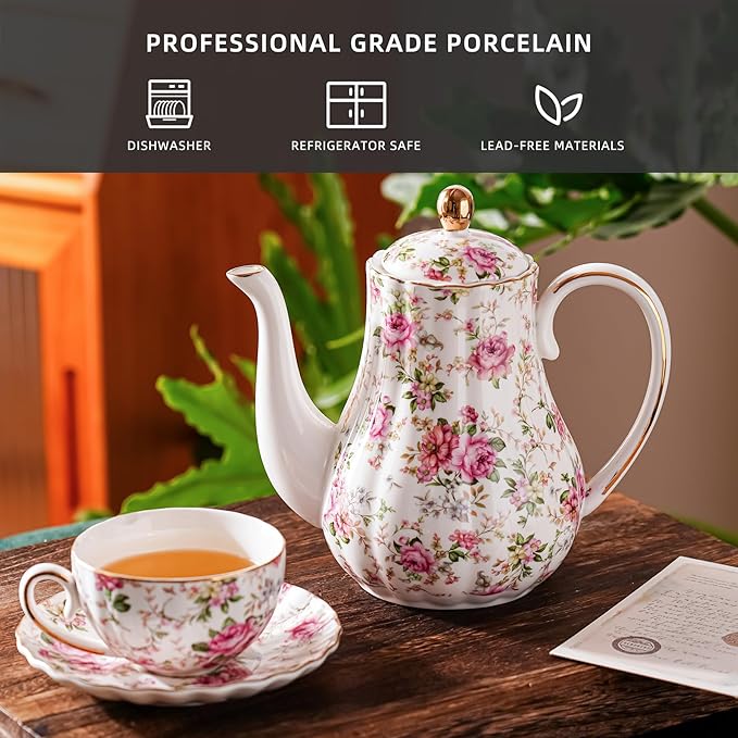 Tea Pot, Porcelain Teapot 37oz,tea pots for tea party,Tea Infuser Pots for Blooming loose Leaf Tea (White with flower)