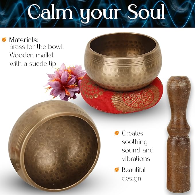 Tibetan Singing Bowls Set - Meditation Sound Bowl Stress Relief Tool and Spiritual Decor for Yoga Mindfulness, Healing & Chakra balancing Relaxation by Himalayan 3.5" Marubhumi