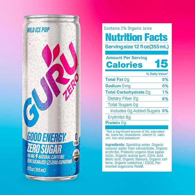 GURU ZERO SUGAR Wild Ice Pop Organic Energy Drinks, Clean Energy Drink with Plant Based Natural Caffeine from Green Tea, Coconut Water, Prebiotic, Zero Added sugars, Gluten Free and Vegan, Pre Workout, Healthy Drinks, 12oz (Pack of 24) - Bloomnest
