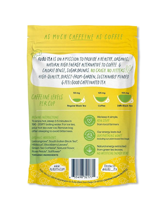 Kubo Tea Organic High Energy Iced Tea - High Caffeine Coffee Substitute with 20 Servings (155mg Caffeine each) - Pillow Tea Bags - Half & Half Lemonade Flavor w/Compostable & Biodegradable Packaging - Bloomnest