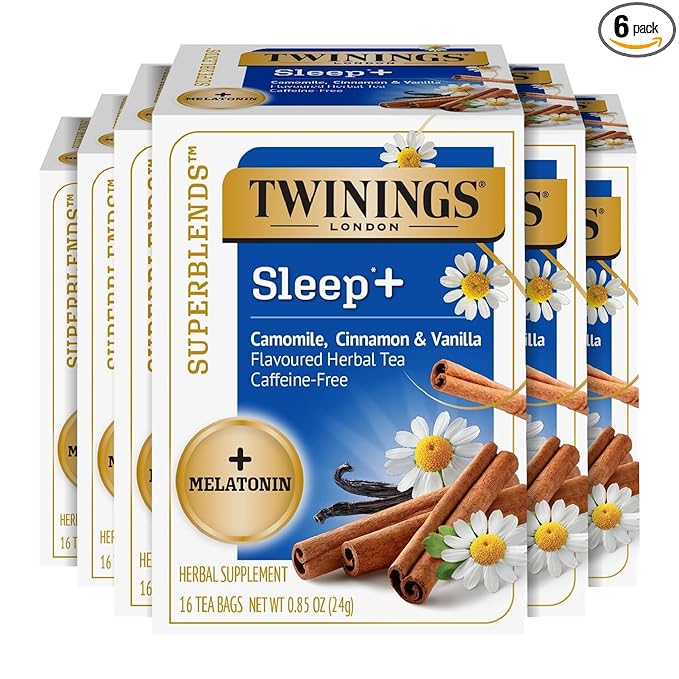 Twinings Superblends Sleep+ Herbal Tea with 1mg Melatonin, Camomile, Cinnamon & Vanilla, Naturally Caffeine-Free, 16 Tea Bags (Pack of 6), 96 Teabags - Bloomnest