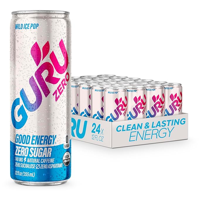 GURU ZERO SUGAR Wild Ice Pop Organic Energy Drinks, Clean Energy Drink with Plant Based Natural Caffeine from Green Tea, Coconut Water, Prebiotic, Zero Added sugars, Gluten Free and Vegan, Pre Workout, Healthy Drinks, 12oz (Pack of 24) - Bloomnest