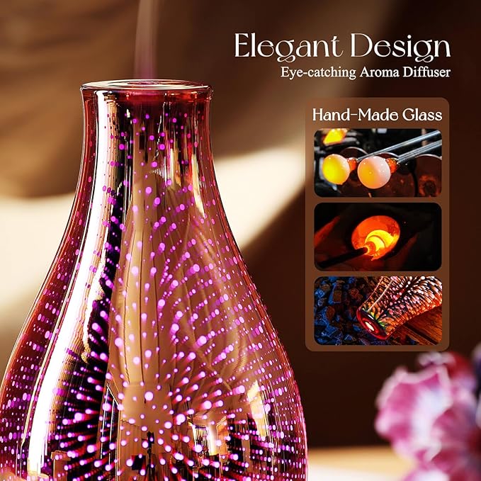 Porseme Essential Oil Diffuser 3D Glass Aromatherapy Ultrasonic Humidifier Cool Mist, Auto Shut-Off, Timer Setting, BPA Free for Home Office Hotel Yoga Gym Leisure SPA Gift 100ml Porseme