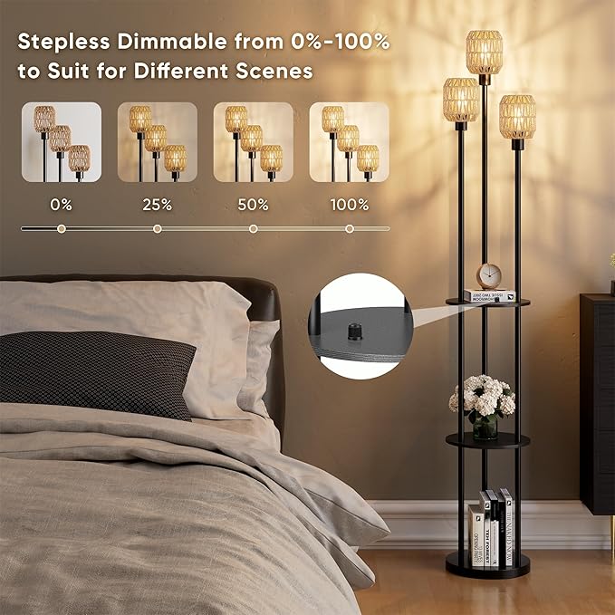 WIHTU 70" Boho Floor Lamp, Dimmable Rattan Floor Lamp with Shelves, 3 Lights Rustic Tall Lamps with Rotary Switch, Farmhouse Standing Lamps for Living Room, Bedroom，Office (Includes 3 Bulbs) - Bloomnest