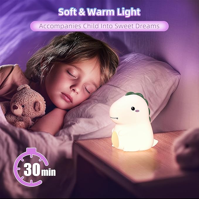 Dinosaur Night Light for Boys, Dino Lamp Silicone Light, 16 Color Nightlight, Rechargeable Battery Powered, 30Min Timer Off, Ideal Gifts for Kids,Toddler,Baby - Bloomnest