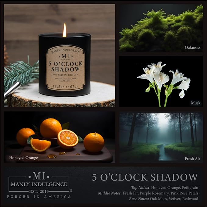 Manly Indulgence 5 O'Clock Shadow Scented Candles for Men, 16.5 oz Single Wick, Premium Soy Blend Wax, 60H Burn, Candles for Home Scented – Made in The USA - Bloomnest