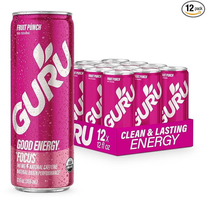 GURU Fruit Punch Organic Energy Drinks, Clean Energy Drink with Plant Based Natural Caffeine from Green Tea + Focus with L Theanine, Gluten Free and Vegan, 140MG Caffeine, 12oz (Pack of 12) - Bloomnest
