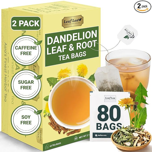 LeafLea 80 Dandelion Root and Leaf Tea Bags, Dandelion Tea for Digestion Support, Roasted Dandelion Root Herbal Tea Blend, Caffeine-Free, Vegan, Te de Diente de Leon (2 Pack) - Bloomnest