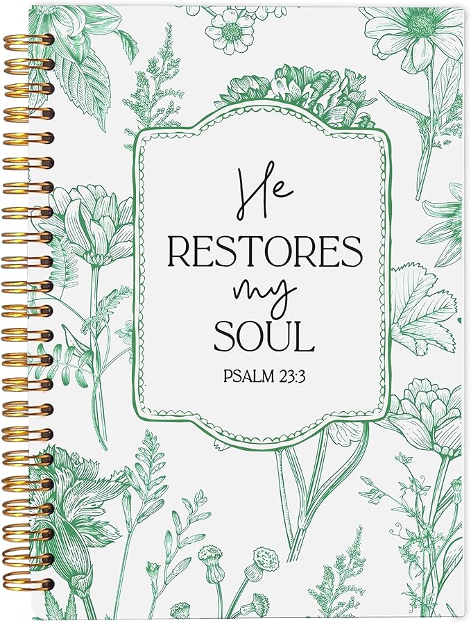 Christian Notebook for Women, Christian Art Gifts Journal, Prayer Journal for Women, Bible Journaling Notebook, PSALM 23:3 He Restores My Soul Floral Spiral Notebook 5.5x8.3 - Bloomnest